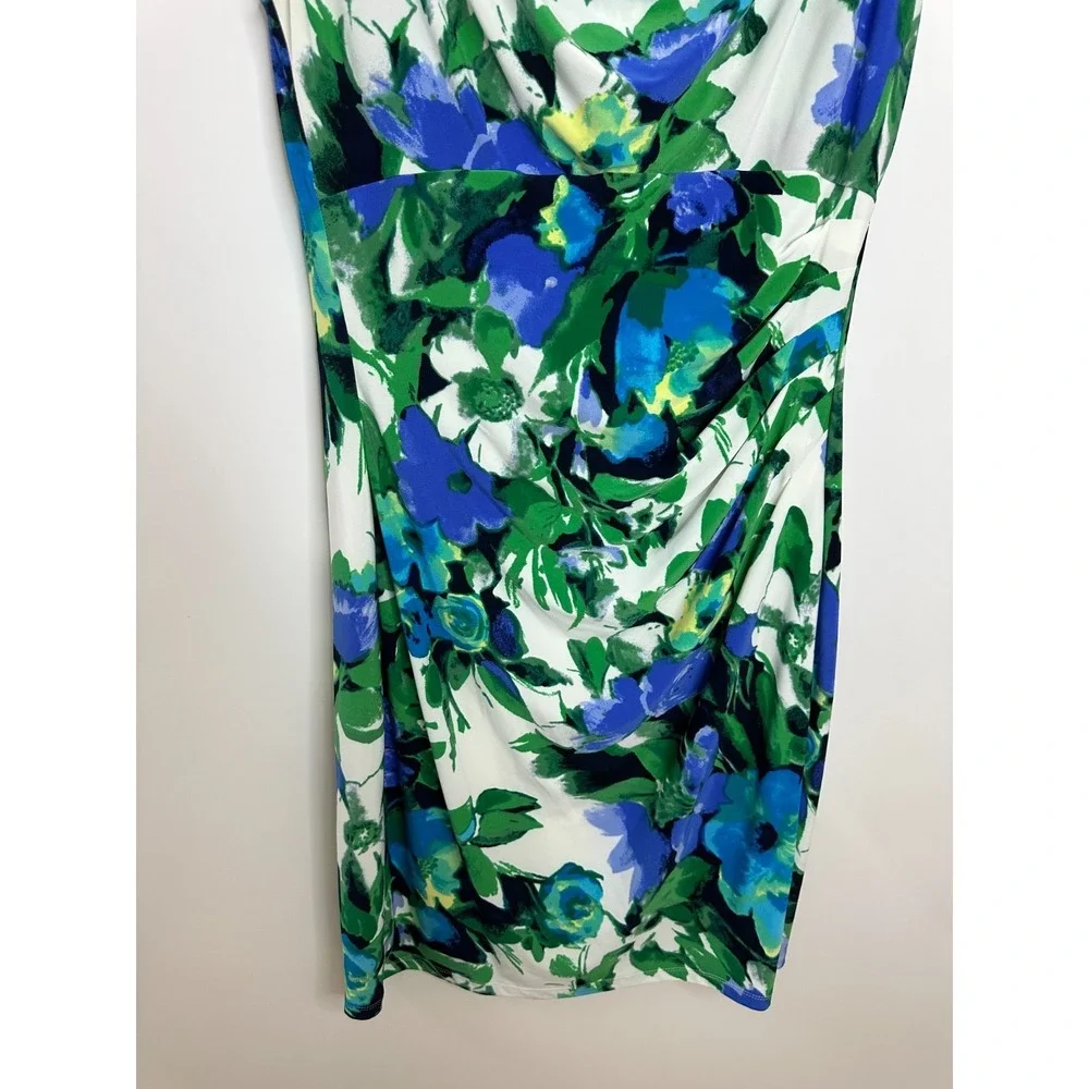Lauren Ralph Lauren Blue Green Floral Cowl Neck Ruched Sheath Dress Size 12 - Picture 4 of 12